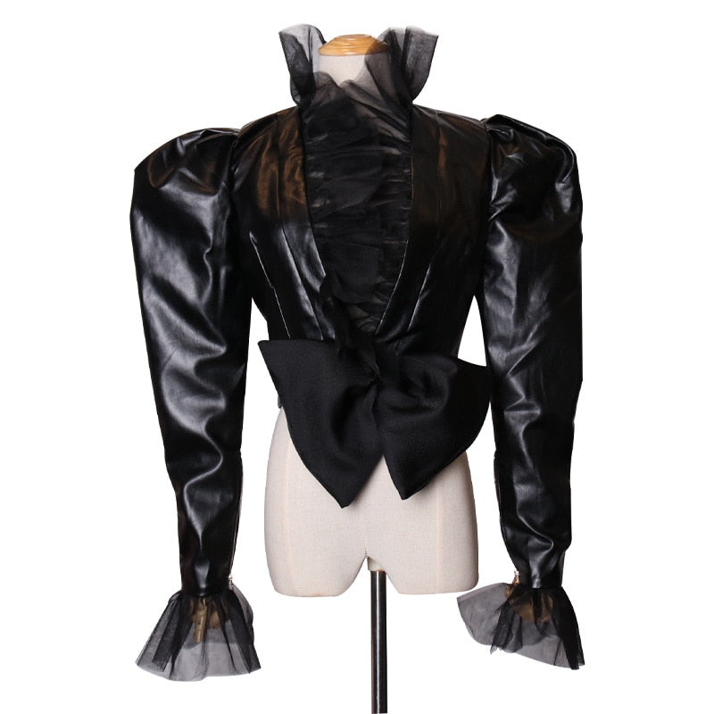 V Neck Puff Bow Patchwork Mesh PU Leather Coat