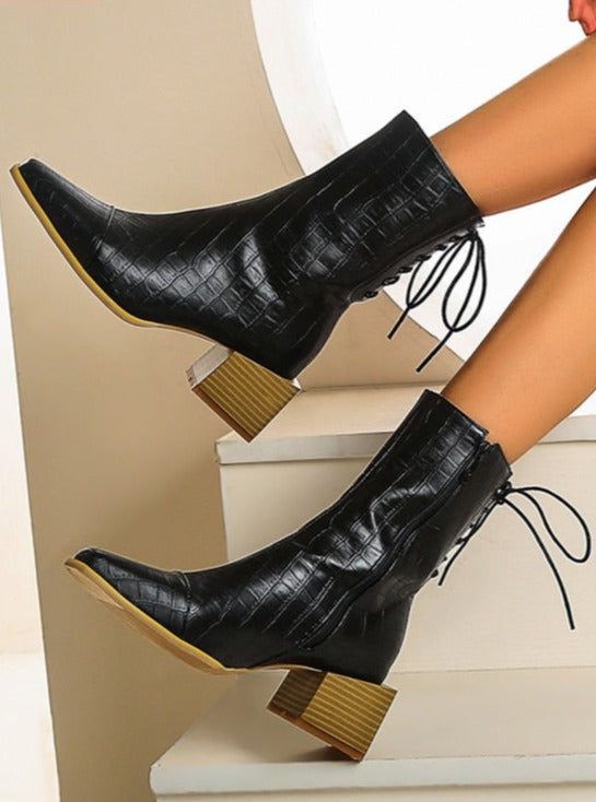 Simplicity Style Square Heel Lace-up Mid Heel Ankle Boots