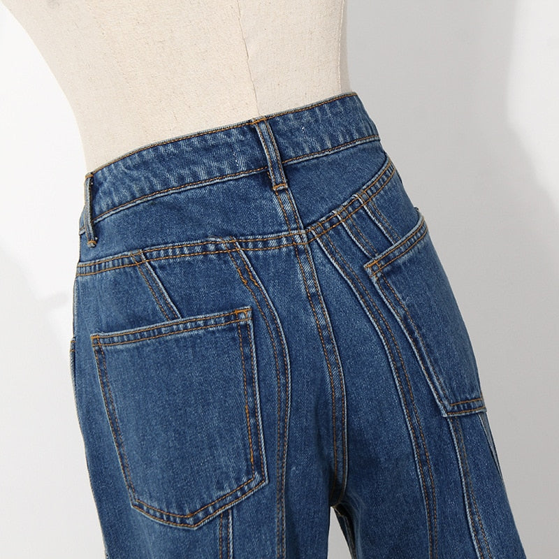 VIVIANNA High Waist Irregular Striped Denim Pants