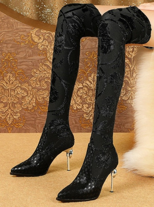 Fine-heeled Printed Sheepskin Stretch Leather High-heeled Over The Knee Boots