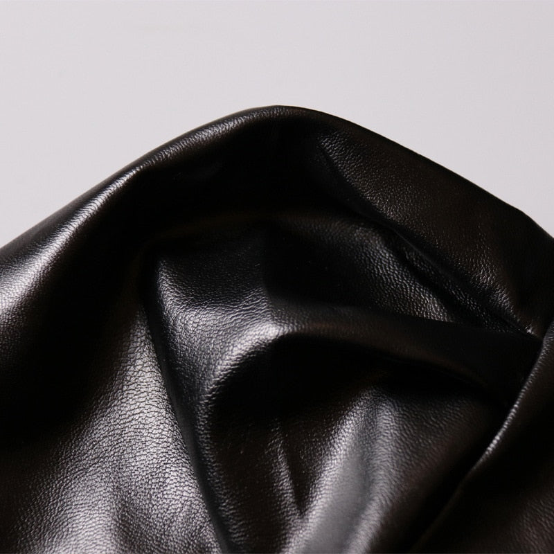 V Neck Puff Bow Patchwork Mesh PU Leather Coat