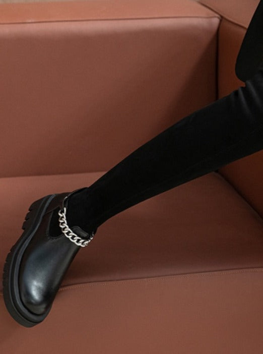 City Chain Black Round Toe Over The Knee Sock Boots