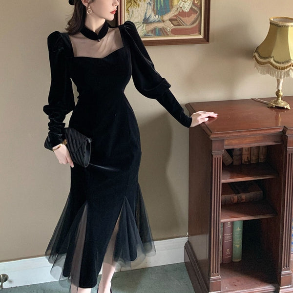 Mesh Velvet Vintage Long Dress