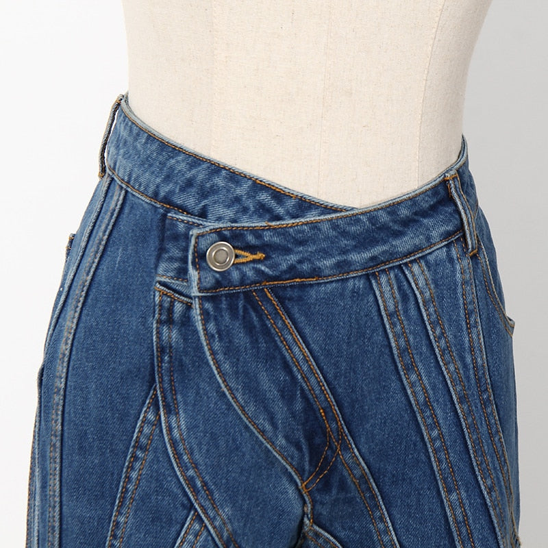 VIVIANNA High Waist Irregular Striped Denim Pants