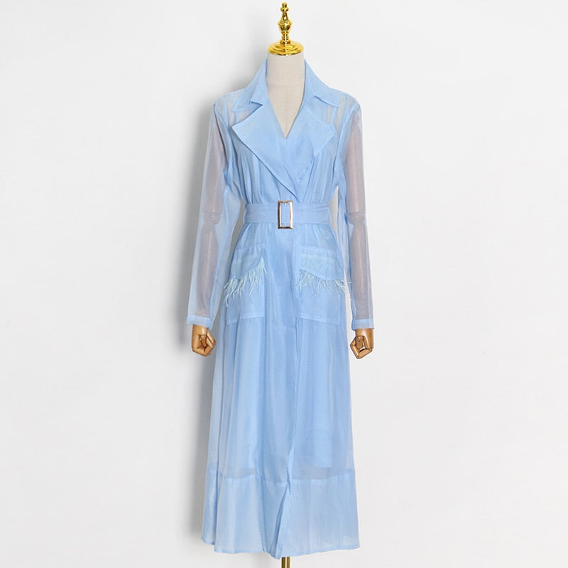 Voile Lace up with Feather Pockets Windbreaker Dress