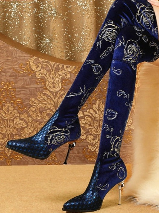 Fine-heeled Printed Sheepskin Stretch Leather High-heeled Over The Knee Boots