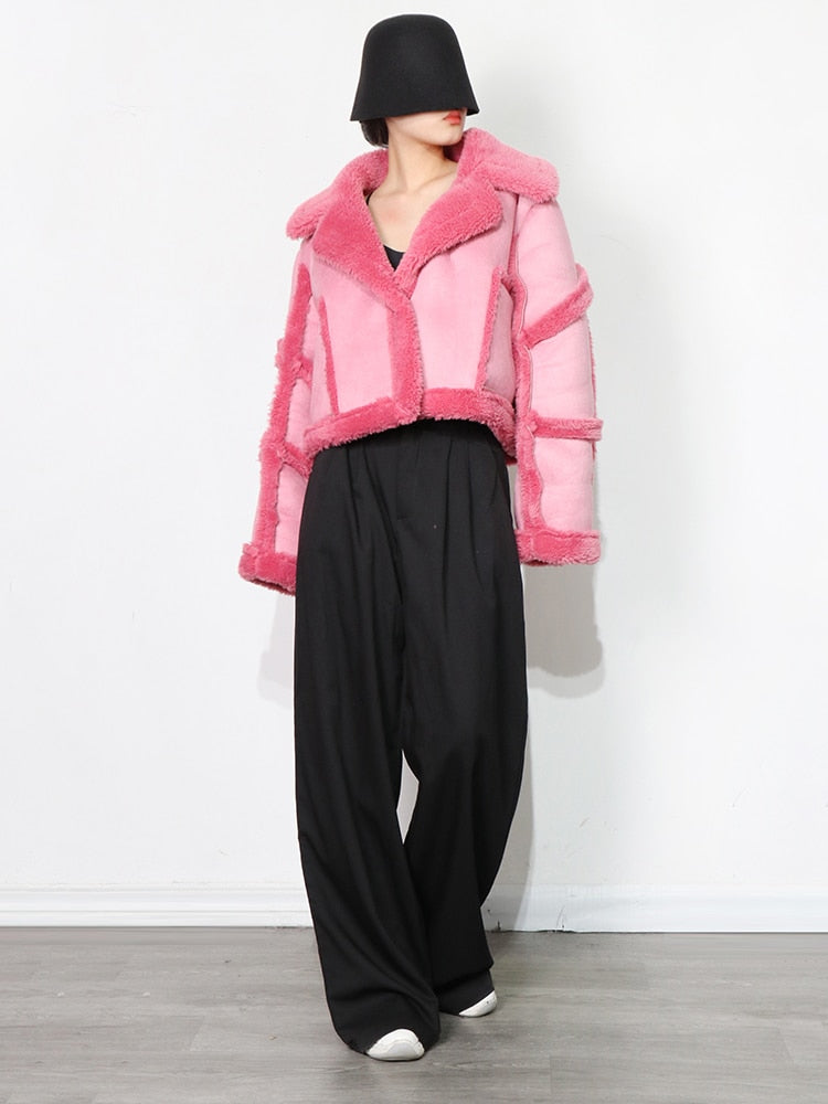 Colorblock Lapel Lambswool Jacket  Casual Short Coat
