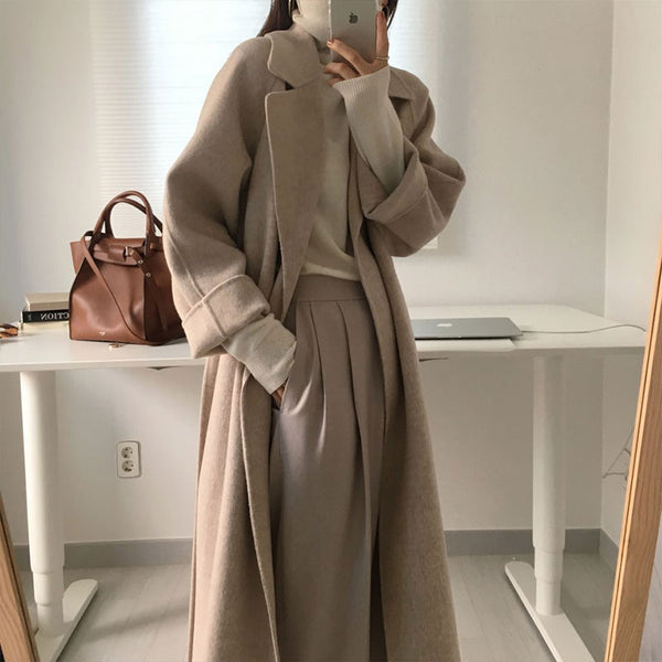 warm belt retro loose woolen coats 