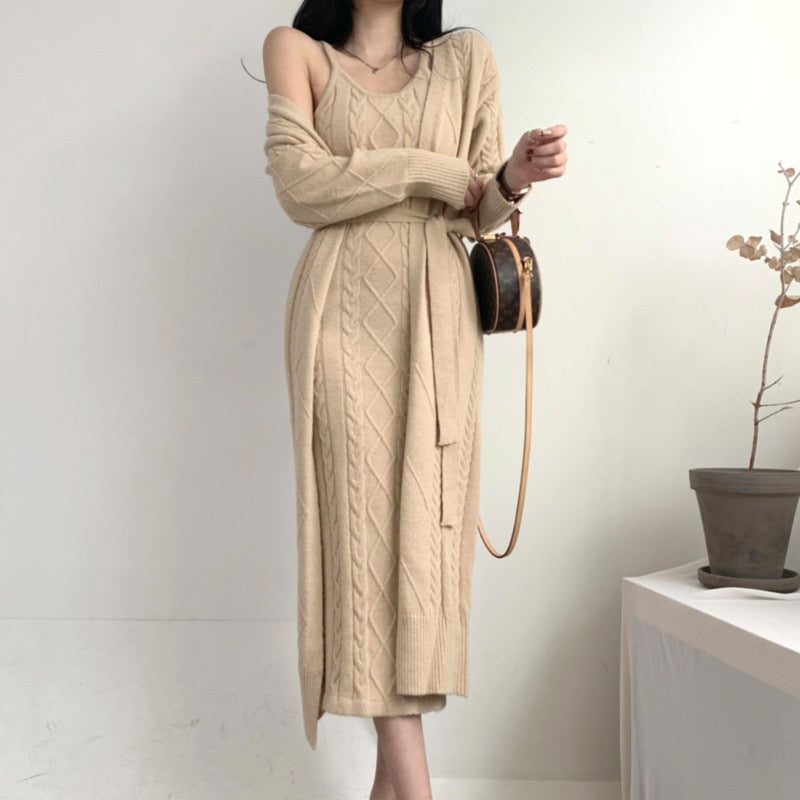 VIVIANNA Elegant Thick Knitted Dress 2 Piece Set