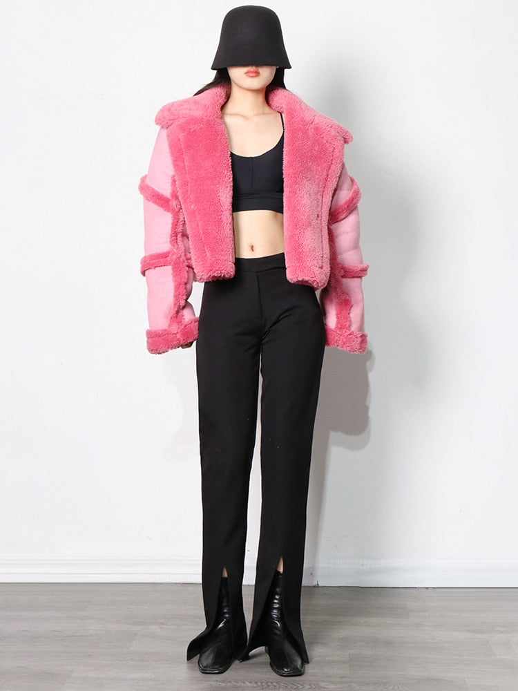 Colorblock Lapel Lambswool Jacket  Casual Short Coat