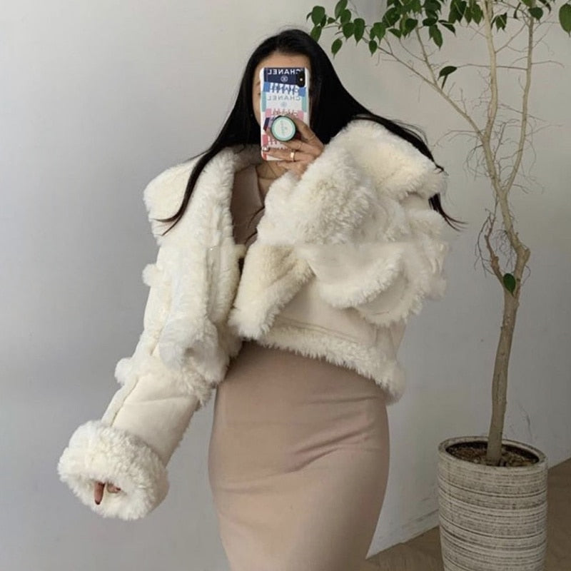 Colorblock Lapel Lambswool Jacket  Casual Short Coat