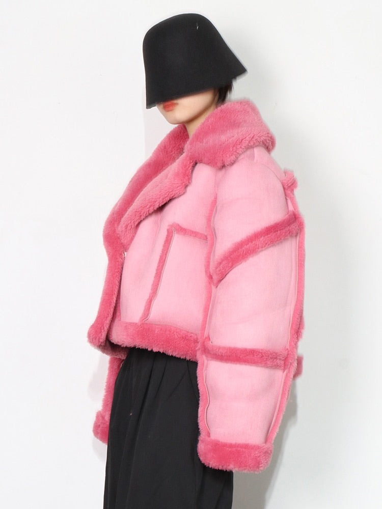Colorblock Lapel Lambswool Jacket  Casual Short Coat