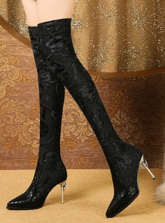 Fine-heeled Printed Sheepskin Stretch Leather High-heeled Over The Knee Boots