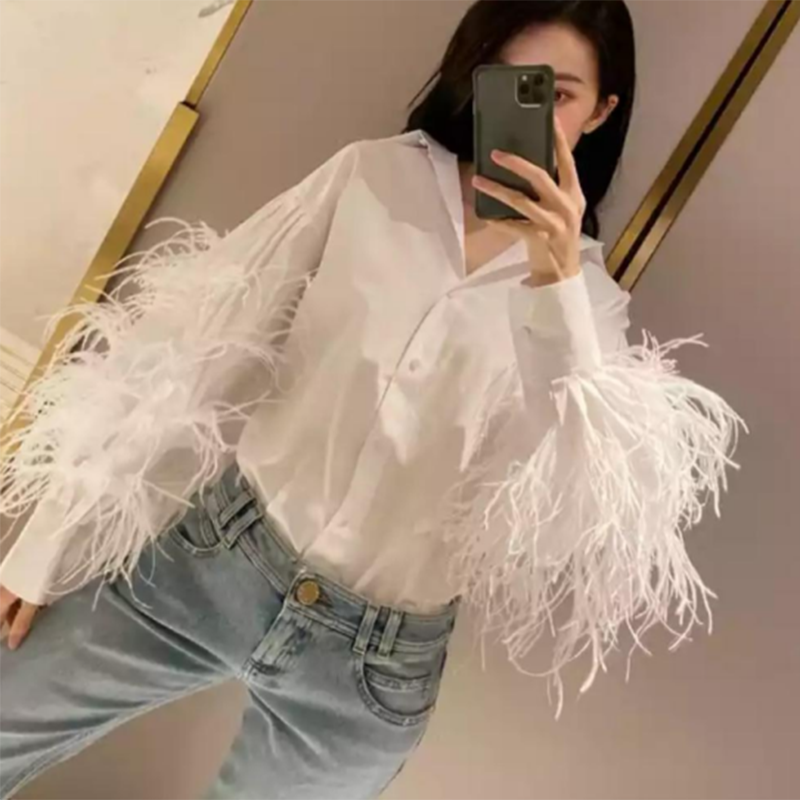 VIVID Lantern Sleeve Feather Blouse