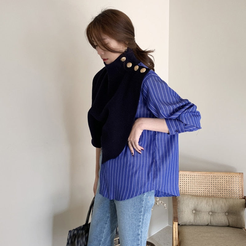Patchwork Print Striped  Turtleneck Sweaters