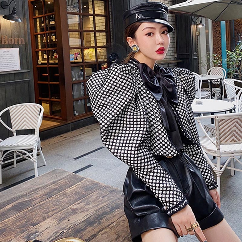 V-Style Lady Ruched Plaid O Neck Puff Sleeve Coat