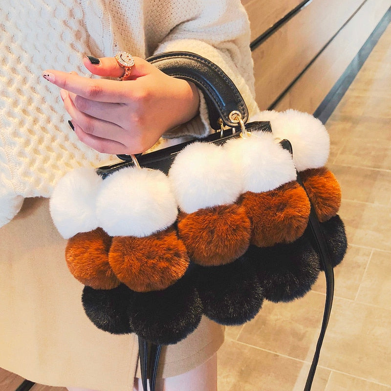 Warm Winter Faux Fur Ball Tote Bag
