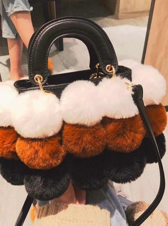 Warm Winter Faux Fur Ball Tote Bag