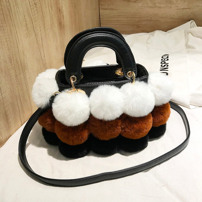 Warm Winter Faux Fur Ball Tote Bag