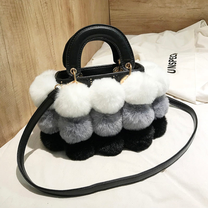 Warm Winter Faux Fur Ball Tote Bag