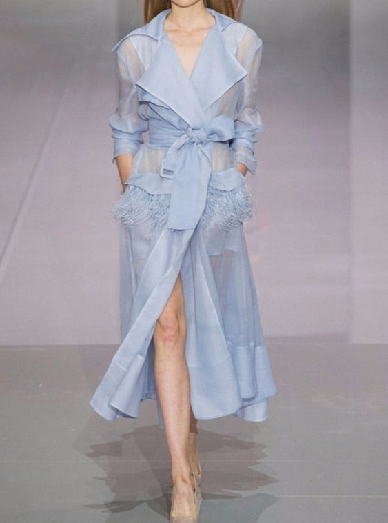 Voile Lace up with Feather Pockets Windbreaker Dress