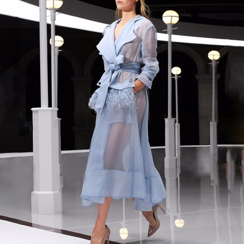 Voile Lace up with Feather Pockets Windbreaker Dress
