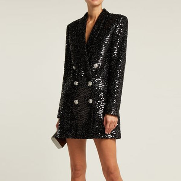 Shawl Collar Glitter Double Breasted Blazer Dress