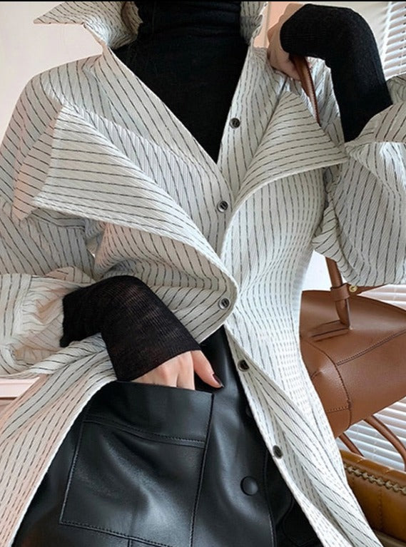 Lapel Long Sleeve Patchwork Ruffle Striped Shirt
