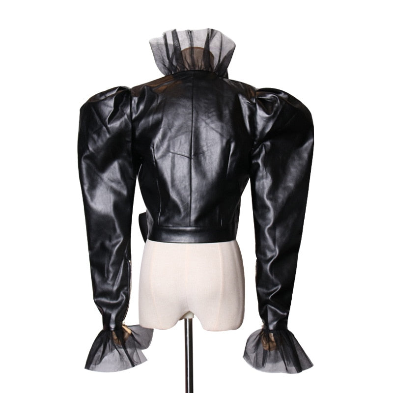 V Neck Puff Bow Patchwork Mesh PU Leather Coat