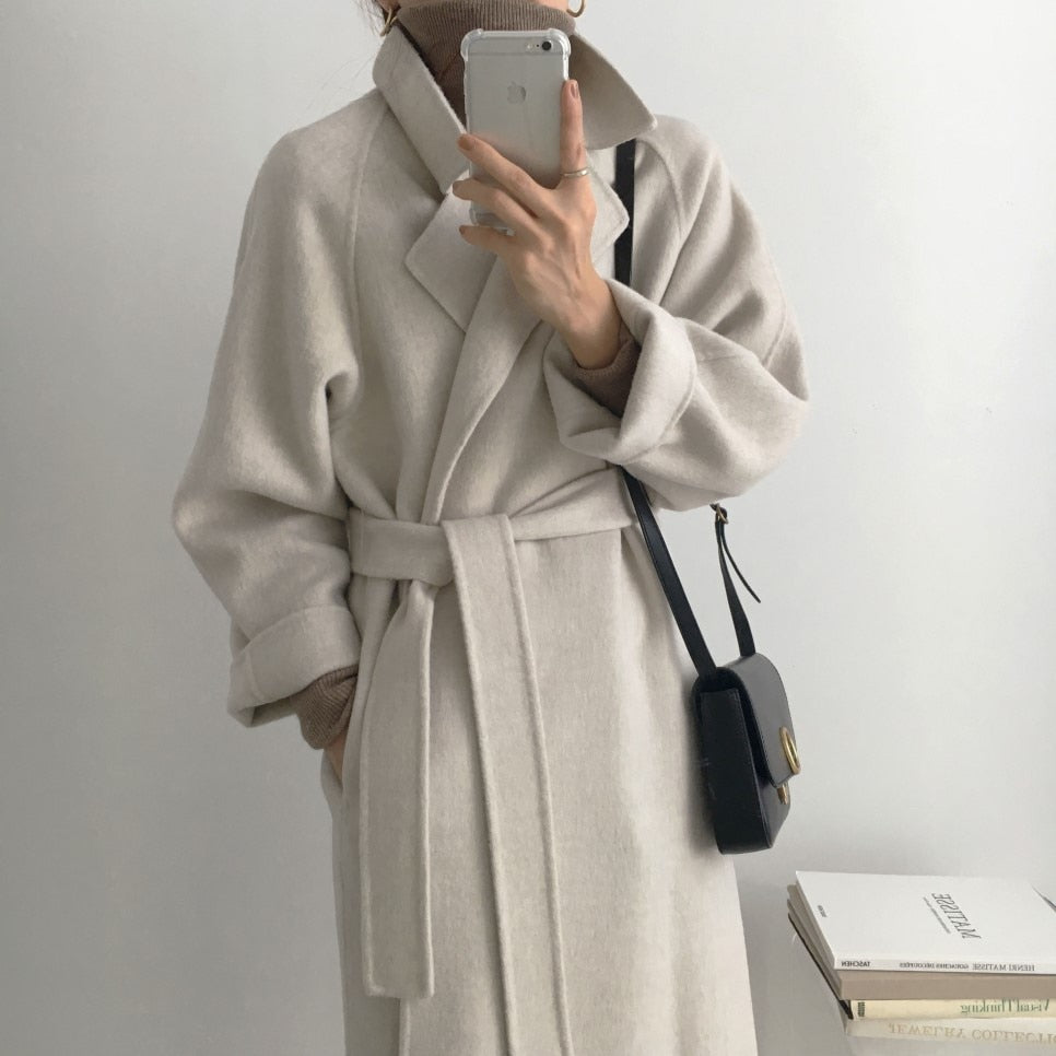 warm belt retro loose woolen coats 