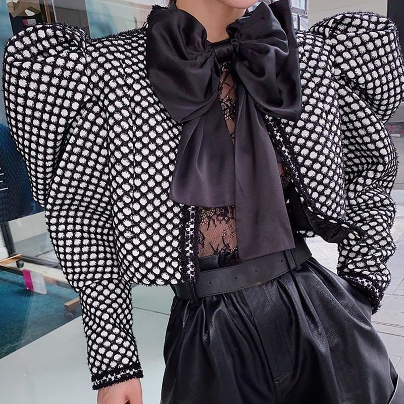 V-Style Lady Ruched Plaid O Neck Puff Sleeve Coat