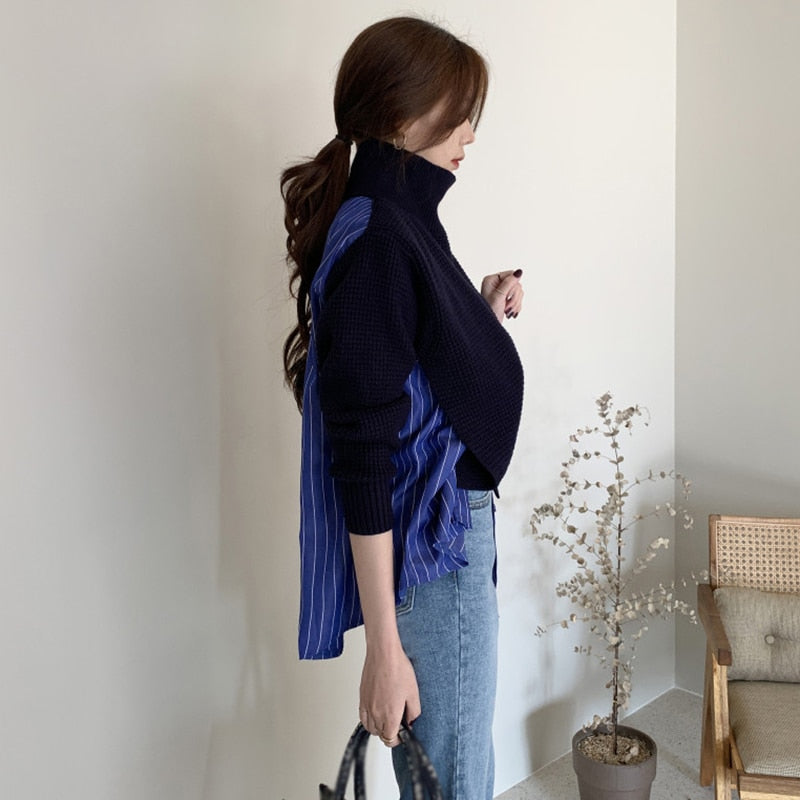 Patchwork Print Striped  Turtleneck Sweaters