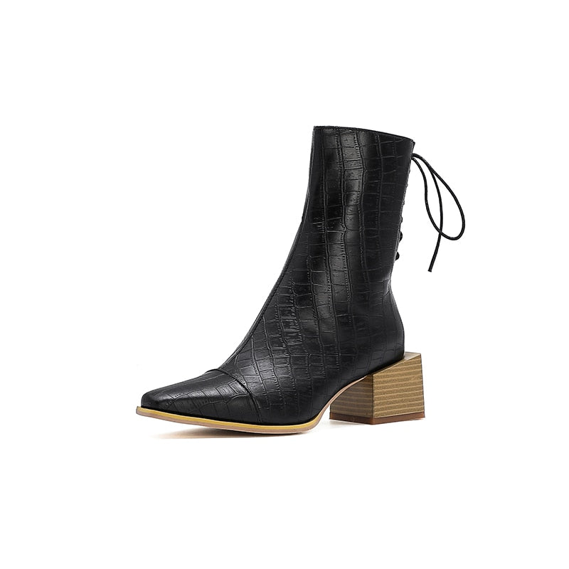 Simplicity Style Square Heel Lace-up Mid Heel Ankle Boots