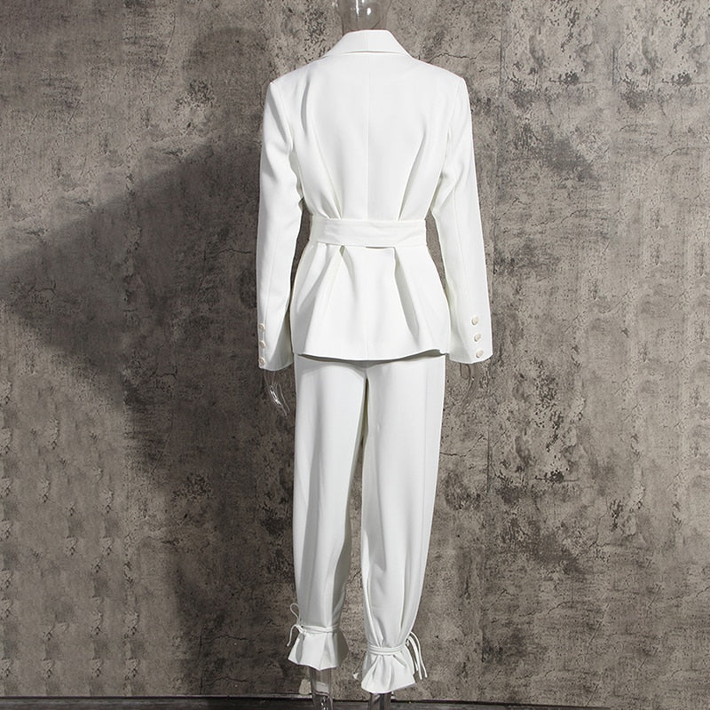 High Waist Belt Lace-up Straight Suit Blazer Set