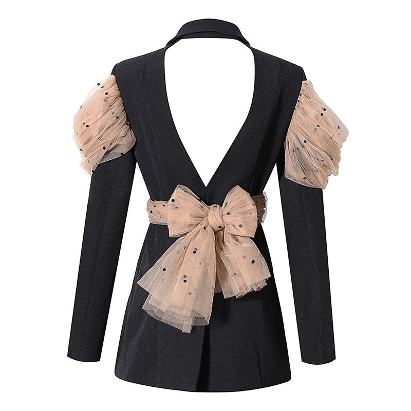 VIVIANNA Patchwork Dot Mesh Backless Blazers