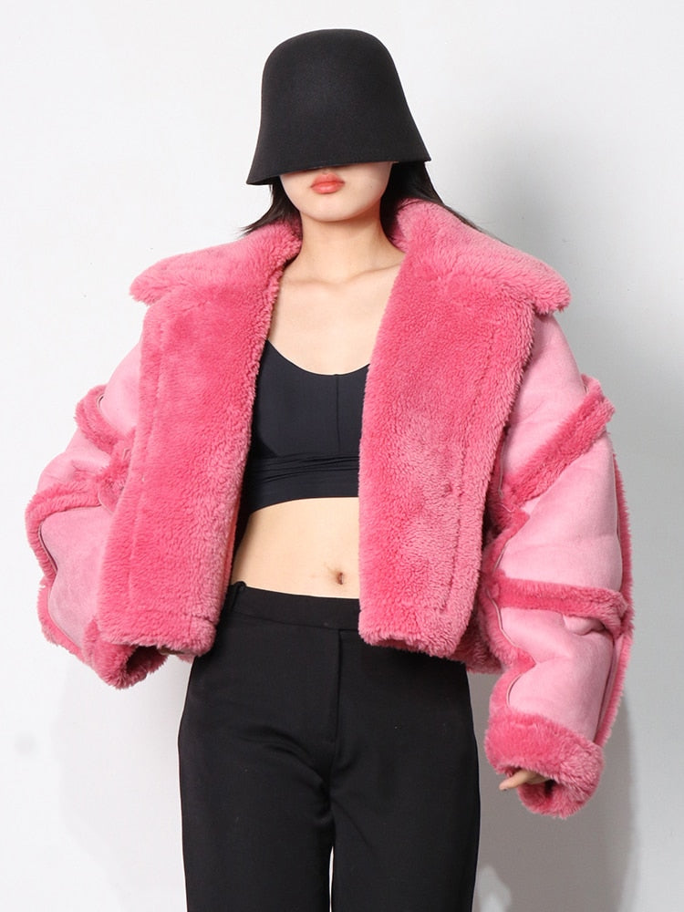 Colorblock Lapel Lambswool Jacket  Casual Short Coat