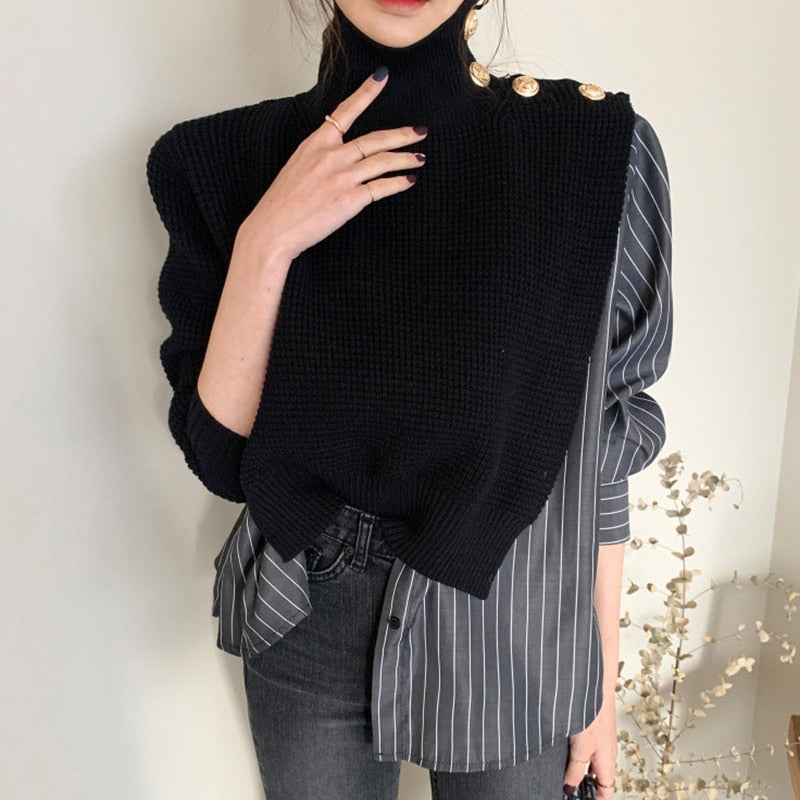 Patchwork Print Striped  Turtleneck Sweaters