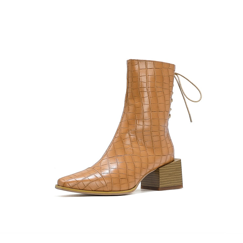 Simplicity Style Square Heel Lace-up Mid Heel Ankle Boots
