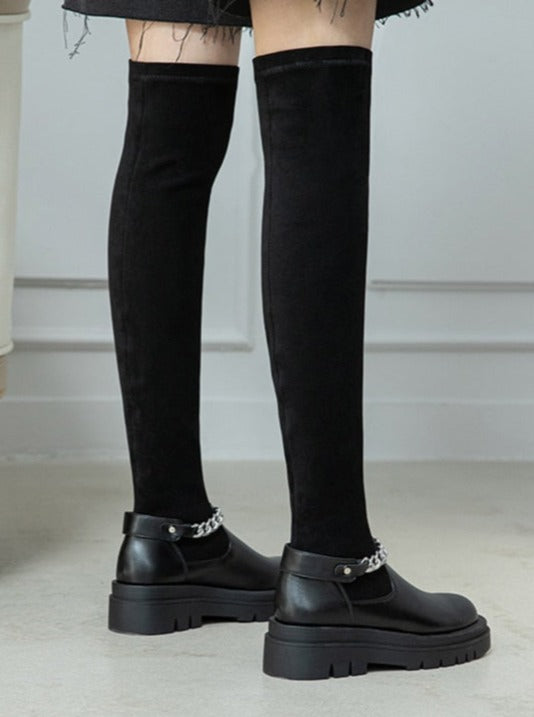 City Chain Black Round Toe Over The Knee Sock Boots