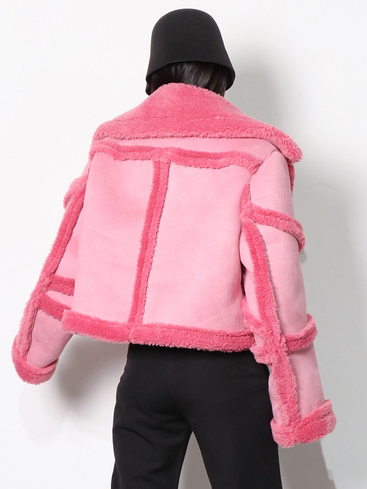 Colorblock Lapel Lambswool Jacket  Casual Short Coat