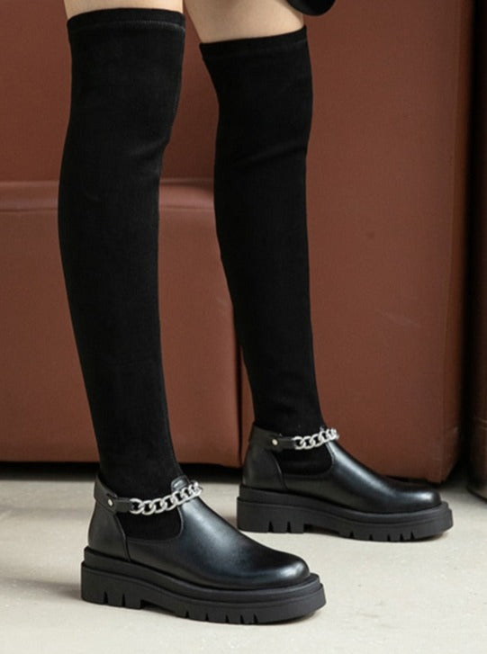 City Chain Black Round Toe Over The Knee Sock Boots