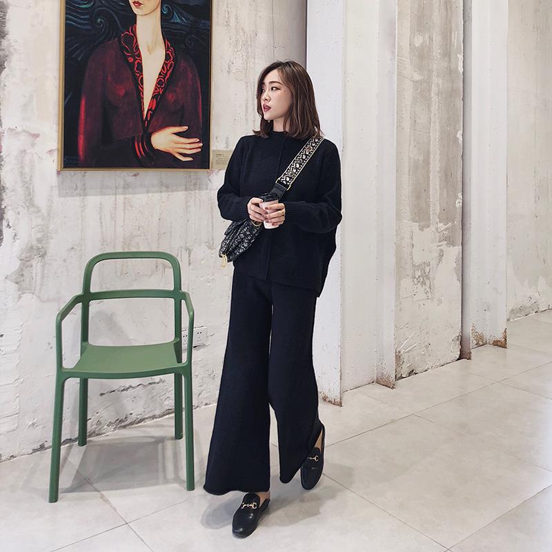 Drape Knitting Cashmere Sweater Wide-Legged Pants Set