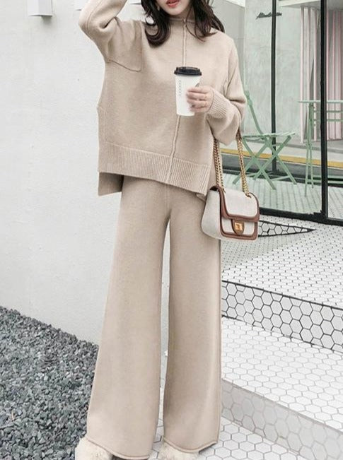 Drape Knitting Cashmere Sweater Wide-Legged Pants Set