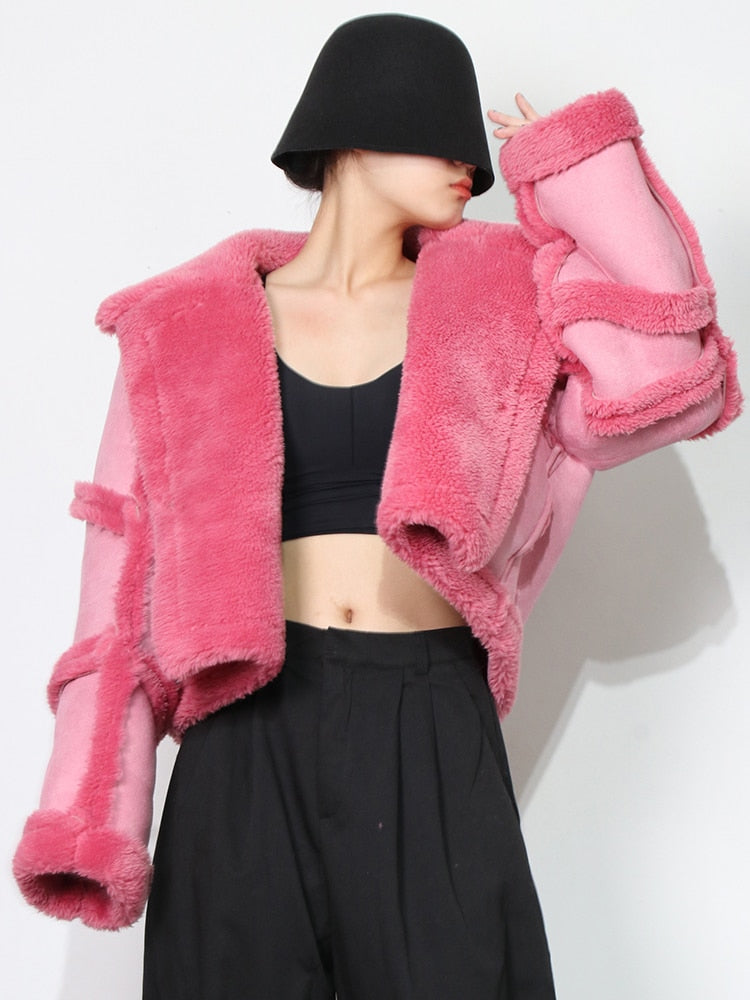 Colorblock Lapel Lambswool Jacket  Casual Short Coat