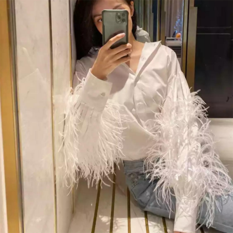 VIVID Lantern Sleeve Feather Blouse
