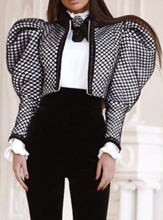 V-Style Lady Ruched Plaid O Neck Puff Sleeve Coat