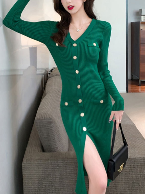 Mid-Length Single-Breasted V-Neck dress