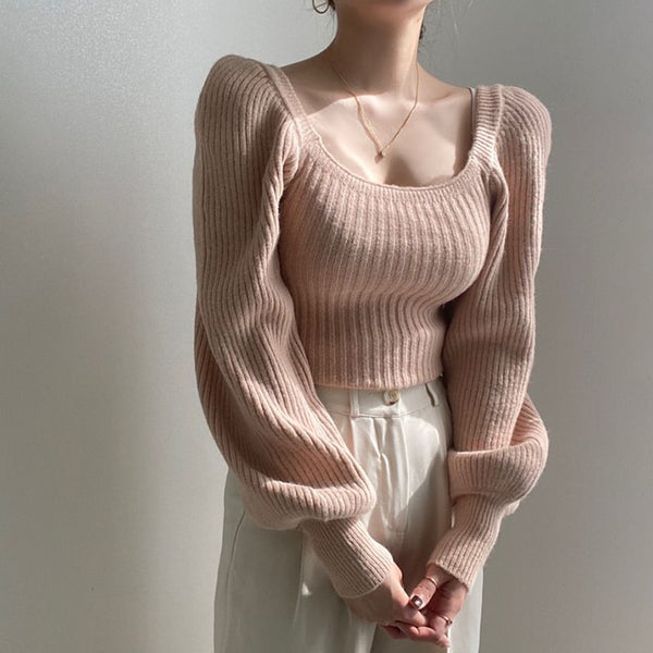 Knitted Vintage Pullover Long Sleeve Square Neck Top