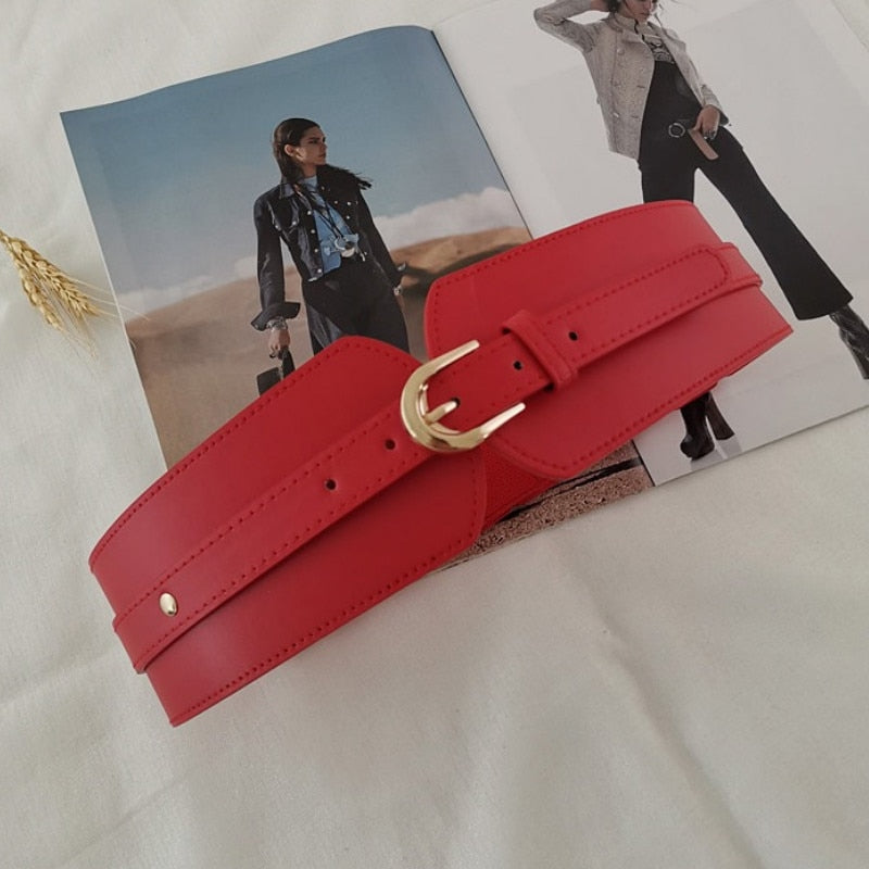 Luxury Ladies Wide Belt Elastic Vintage Buckle Leather Wide Belt