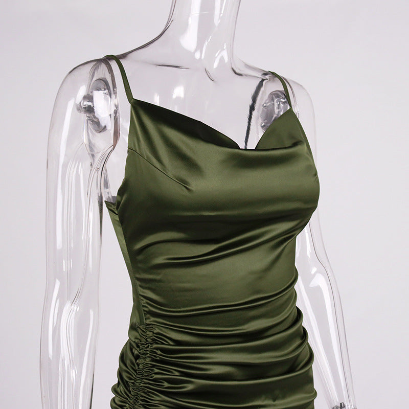 Solid Color Pleated Slit Pleated Sling Dress